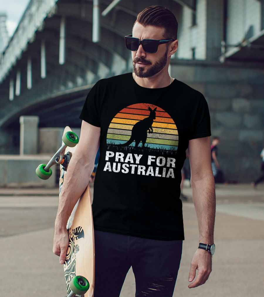 Retro Sun Stripes Kangaroo Silhouette Pray For Australia T-Shirt