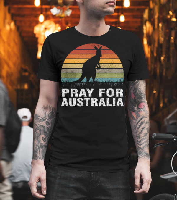 Retro Sun Stripes Kangaroo Silhouette Pray For Australia T-Shirt Retro Sun Stripes Kangaroo Silhouette Pray For Australia T-Shirt
