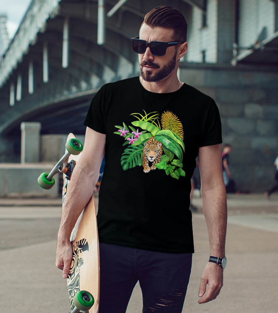 Jaguar Amongst Amazonas Foliage With Orchid Flowers Australia Animal Print Cat T-Shirt
