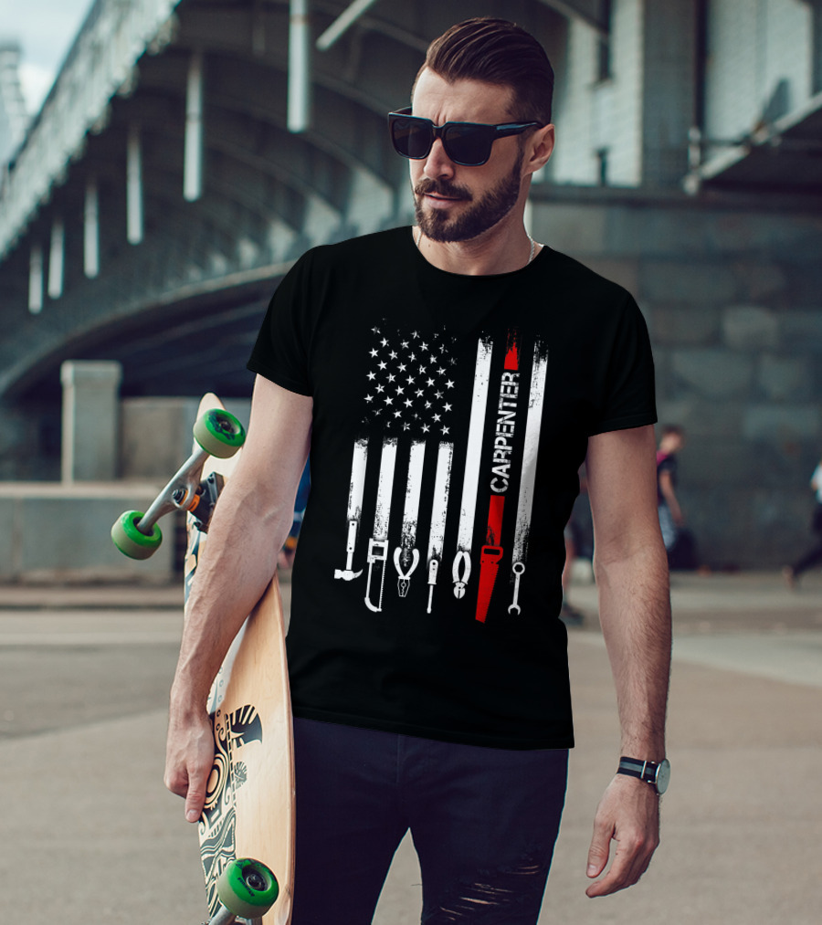 American Flag Carpenter Tools Vertical Stripes Saw Wrench Pliers Hammer T-Shirt