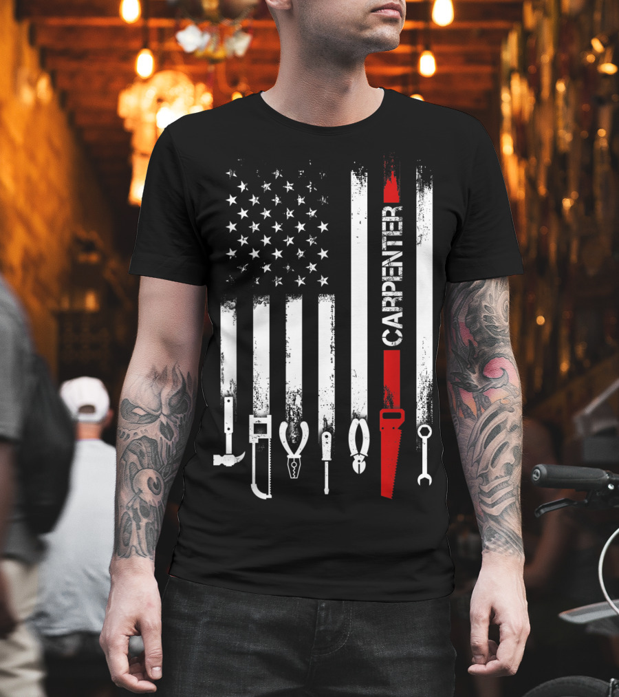 American Flag Carpenter Tools Vertical Stripes Saw Wrench Pliers Hammer T-Shirt