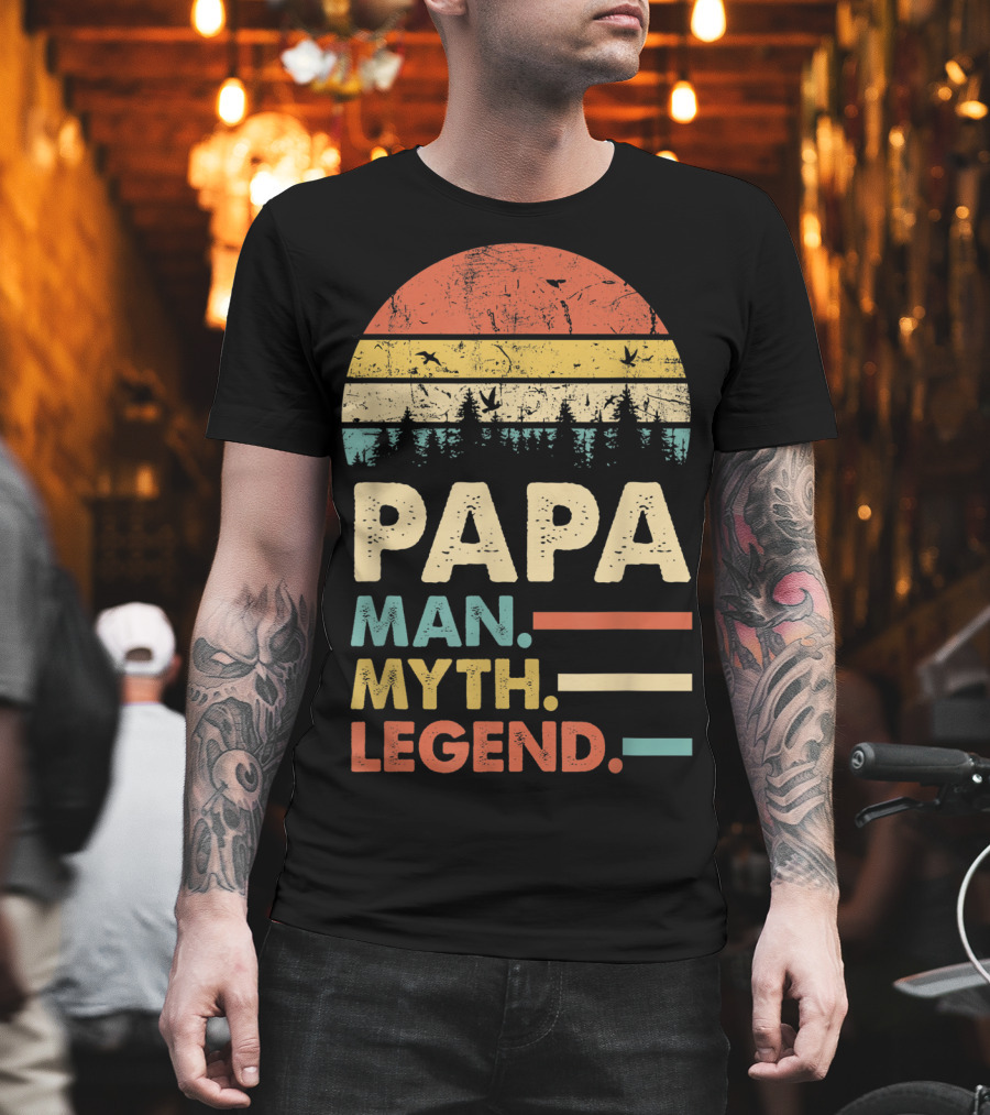 Papa Man Myth Legend Vintage Mens Dad Yx Retro Sunset Forest Birds T-Shirt