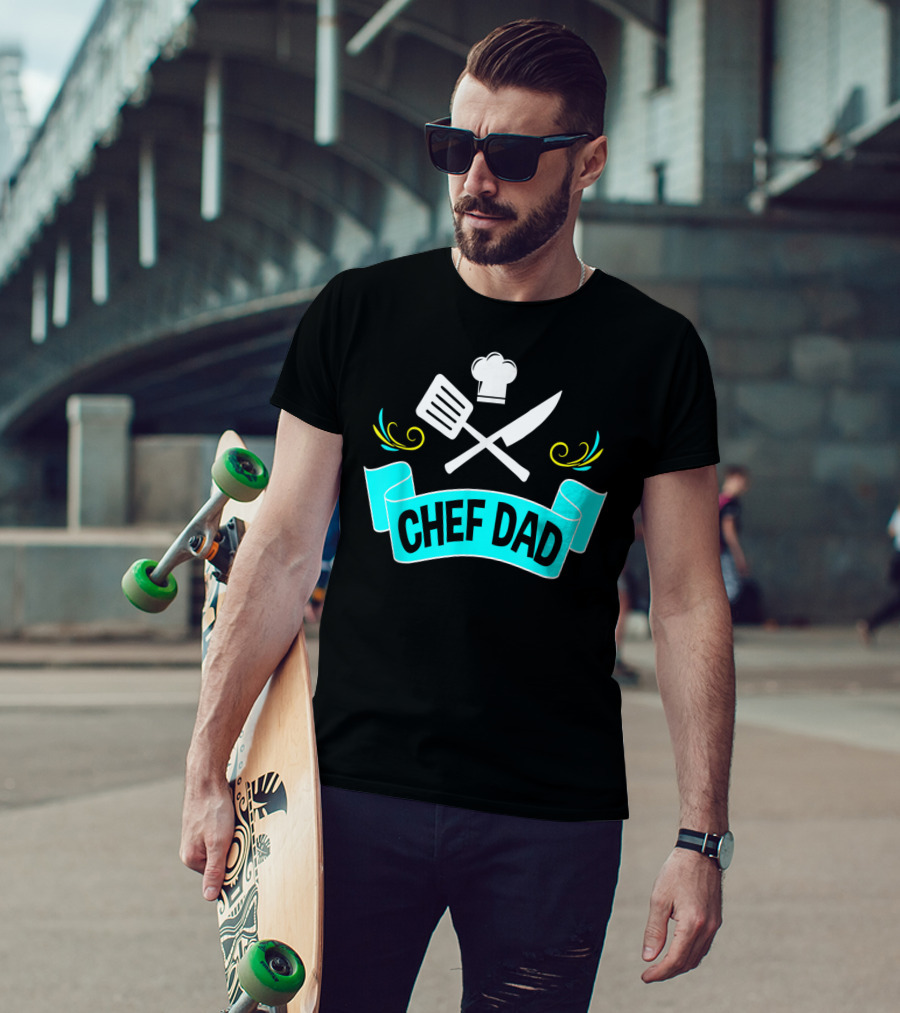 Chef Dad Cooking Daddy Banner With Chef Hat And Cooking Tools T-Shirt