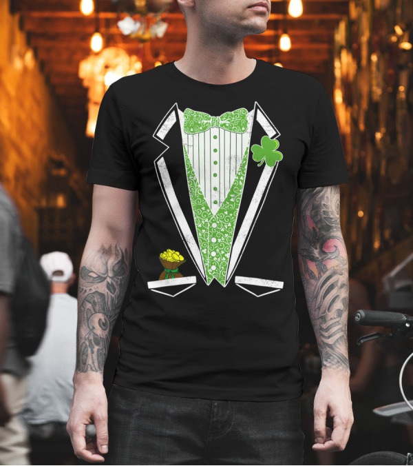 Green Shamrock Bow Tie Irish Leprechaun Tuxedo with Yellow Rose T-Shirt Green Shamrock Bow Tie Irish Leprechaun Tuxedo with Yellow Rose T-Shirt