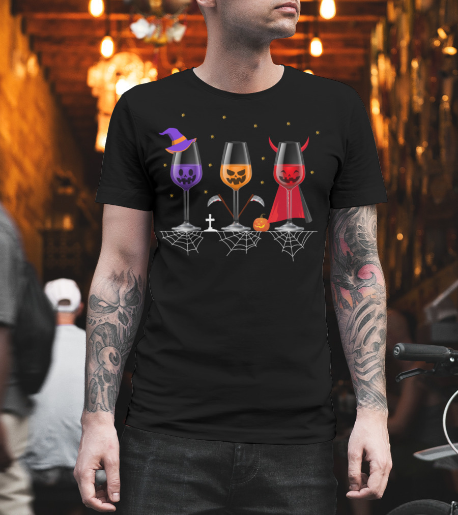Halloween Wine Glasses Witch Pumpkin Devil T-Shirt