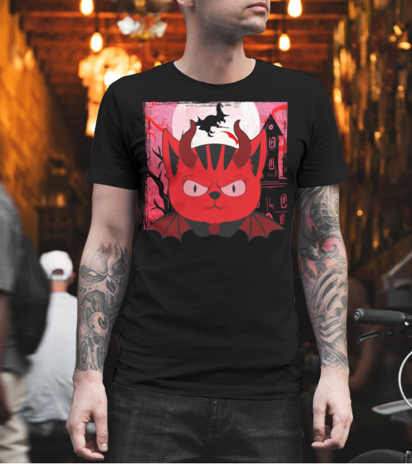 Halloween Devil Cat in Haunted House Scene with Moon and Bats T-Shirt Halloween Devil Cat in Haunted House Scene with Moon and Bats T-Shirt