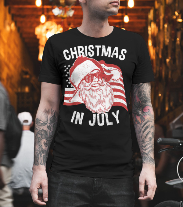 Christmas In July Hipster Santa American Flag Sunglasses T-Shirt Christmas In July Hipster Santa American Flag Sunglasses T-Shirt