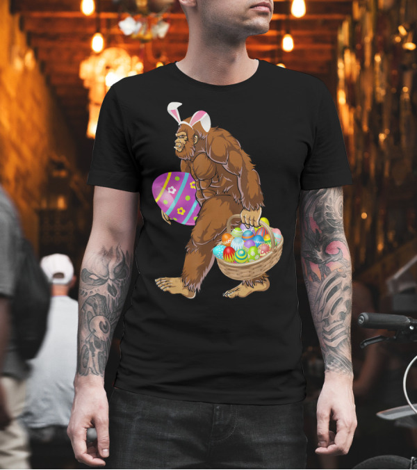 Bigfoot Easter Bunny Carrying Colorful Eggs Basket T-Shirt Bigfoot Easter Bunny Carrying Colorful Eggs Basket T-Shirt