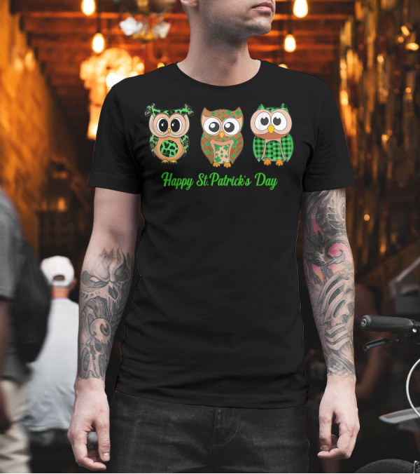 Happy St Patrick's Day Green Leopard Plaid Owls T-Shirt Happy St Patrick's Day Green Leopard Plaid Owls T-Shirt