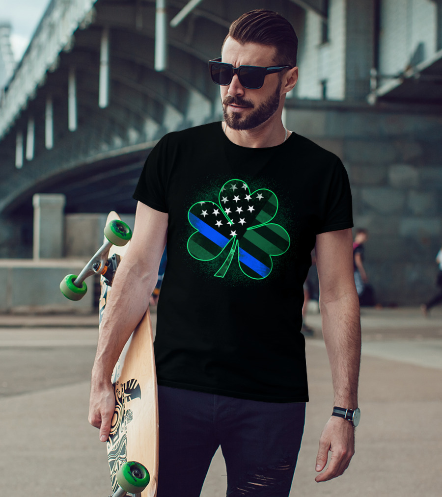 Thin Blue Line American Flag St Patrick's Day Clover T-Shirt