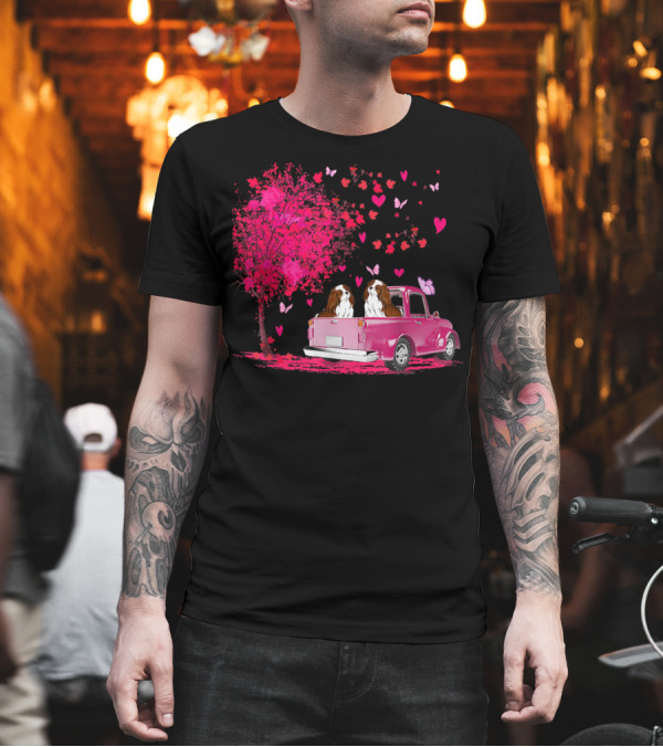 Cavalier King Charles Spaniel Couple in Pink Truck with Hearts and Butterflies T-Shirt Cavalier King Charles Spaniel Couple in Pink Truck with Hearts and Butterflies T-Shirt