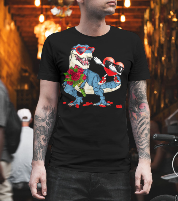 T-Rex Dinosaur with Heart Dabbing and Red Roses Valentine T-Shirt T-Rex Dinosaur with Heart Dabbing and Red Roses Valentine T-Shirt