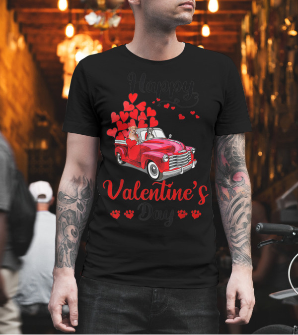 Happy Valentine's Day Cute Couple Pit Bull Dog Red Truck Hearts T-Shirt Happy Valentine's Day Cute Couple Pit Bull Dog Red Truck Hearts T-Shirt