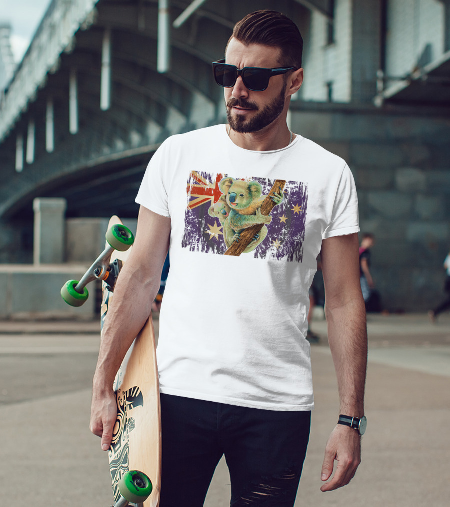 Koalas Climbing With Australia Flag Stars Australia Day Lovers T-Shirt