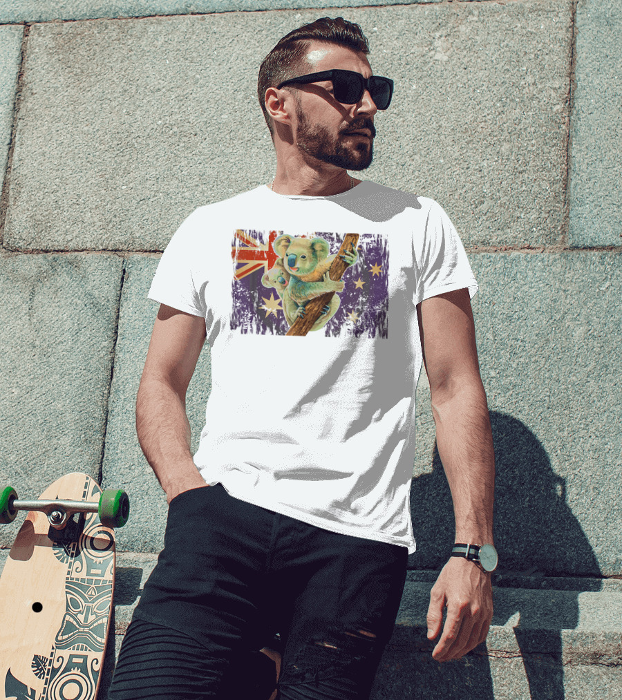 Koalas Climbing With Australia Flag Stars Australia Day Lovers T-Shirt
