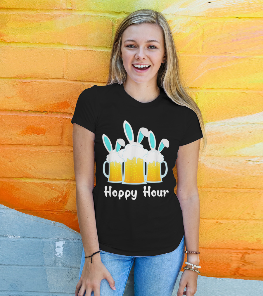 Hoppy Hour Bunny Ears Beer Mugs Punny Easter Top T-Shirt