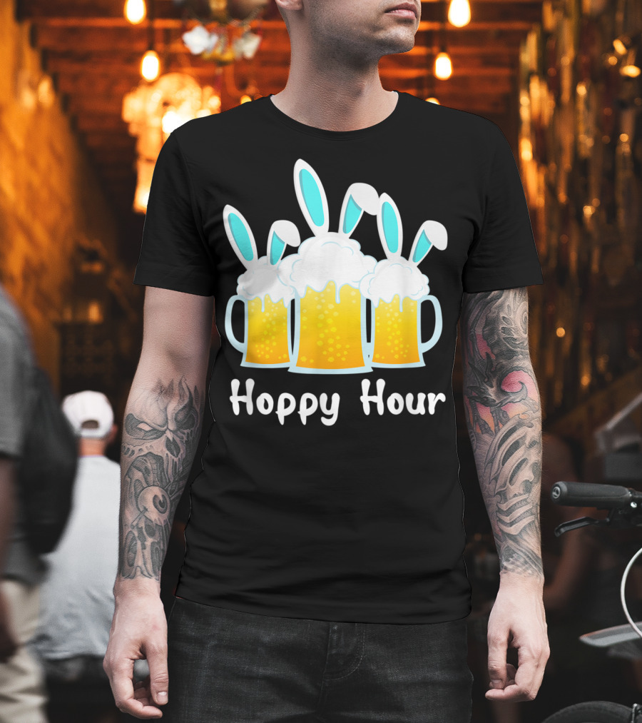 Hoppy Hour Bunny Ears Beer Mugs Punny Easter Top T-Shirt