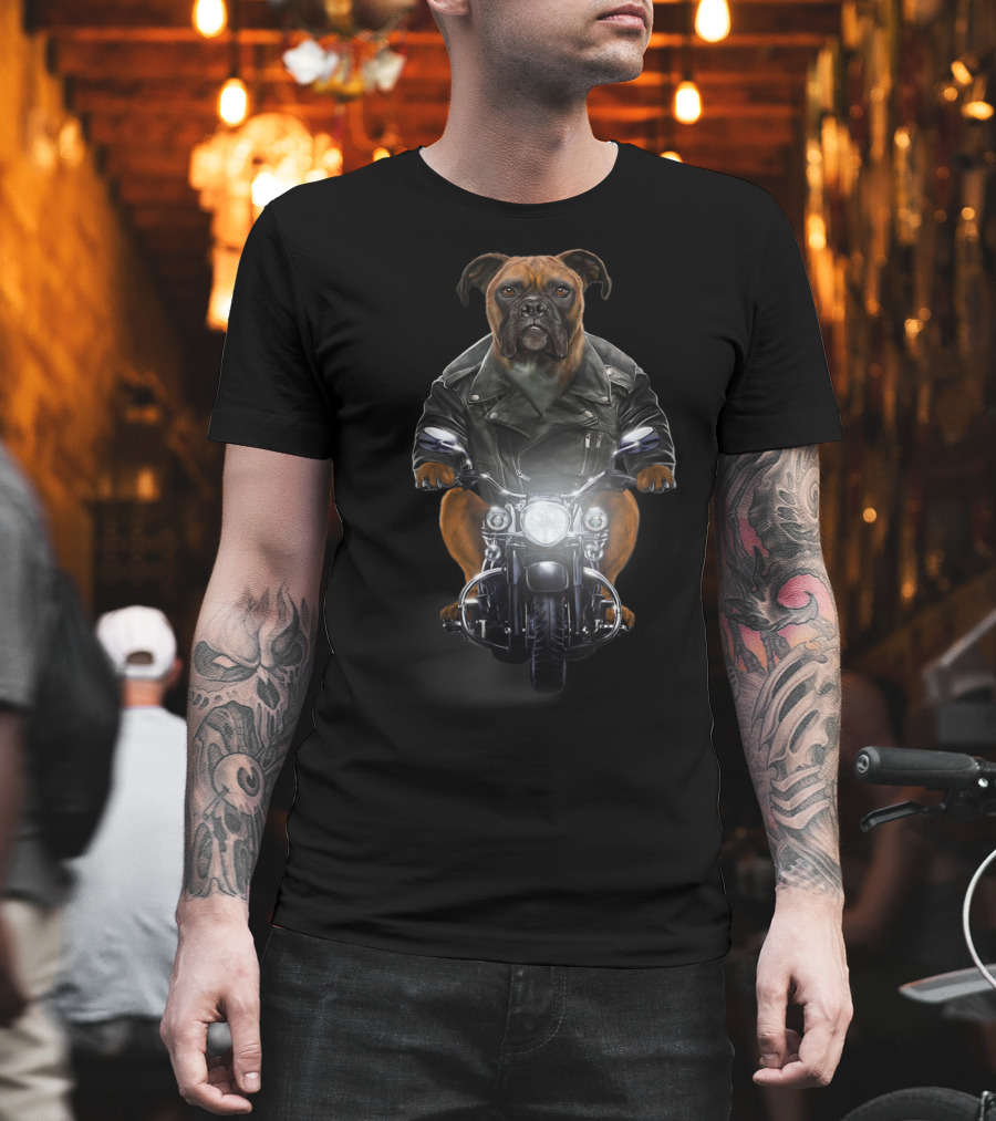 Boxer Dog Motorcycle Rider In Leather Jacket T-Shirt