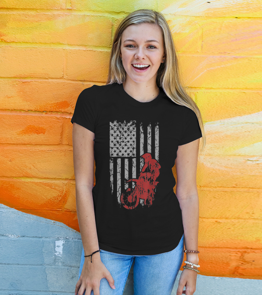 Dirt Bike Awesome American Biker Flag Motocross T-Shirt