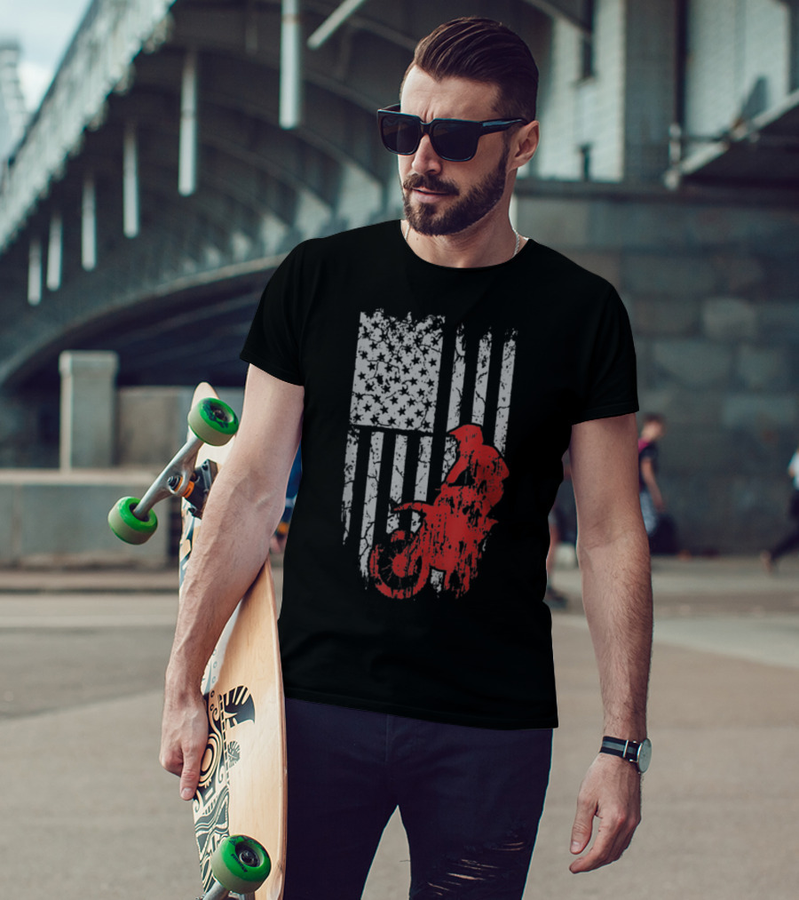 Dirt Bike Awesome American Biker Flag Motocross T-Shirt