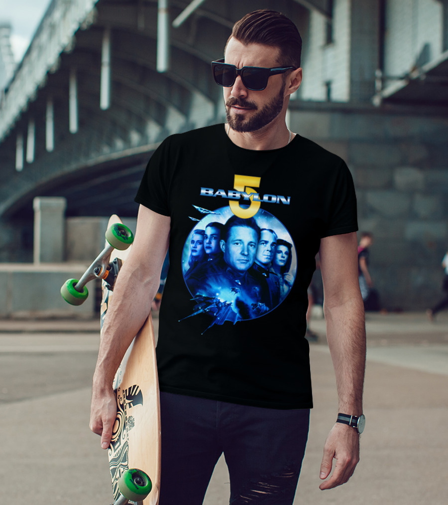 Babylon 5 Science Fiction Series Characters And Spaceship T-Shirt