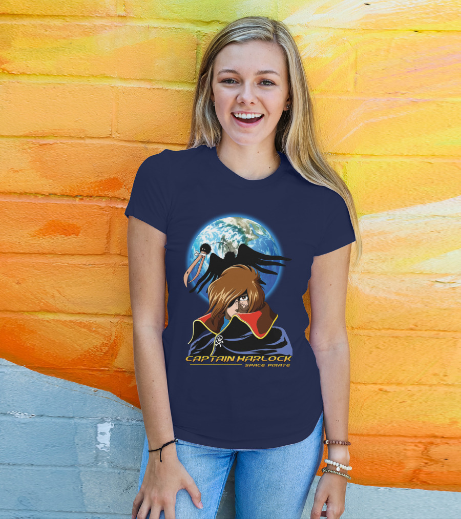 Captain Harlock Space Pirate Anime Icon With Earth And Black Bird T-Shirt