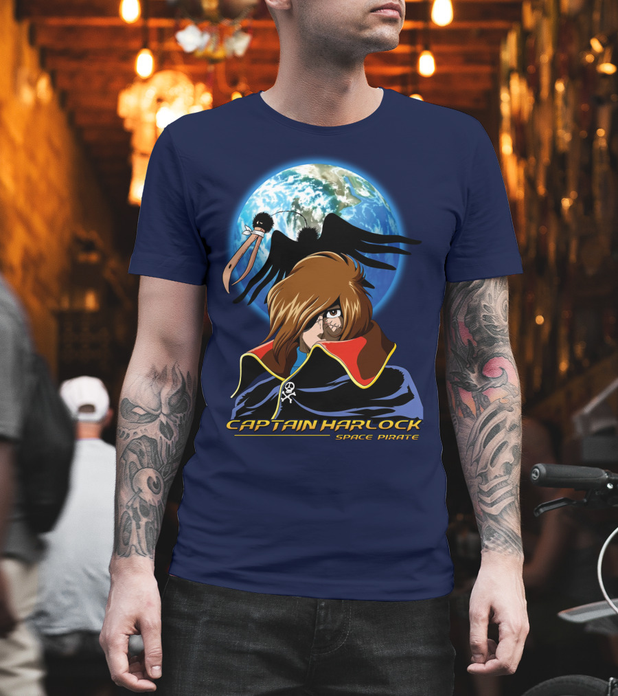 Captain Harlock Space Pirate Anime Icon With Earth And Black Bird T-Shirt