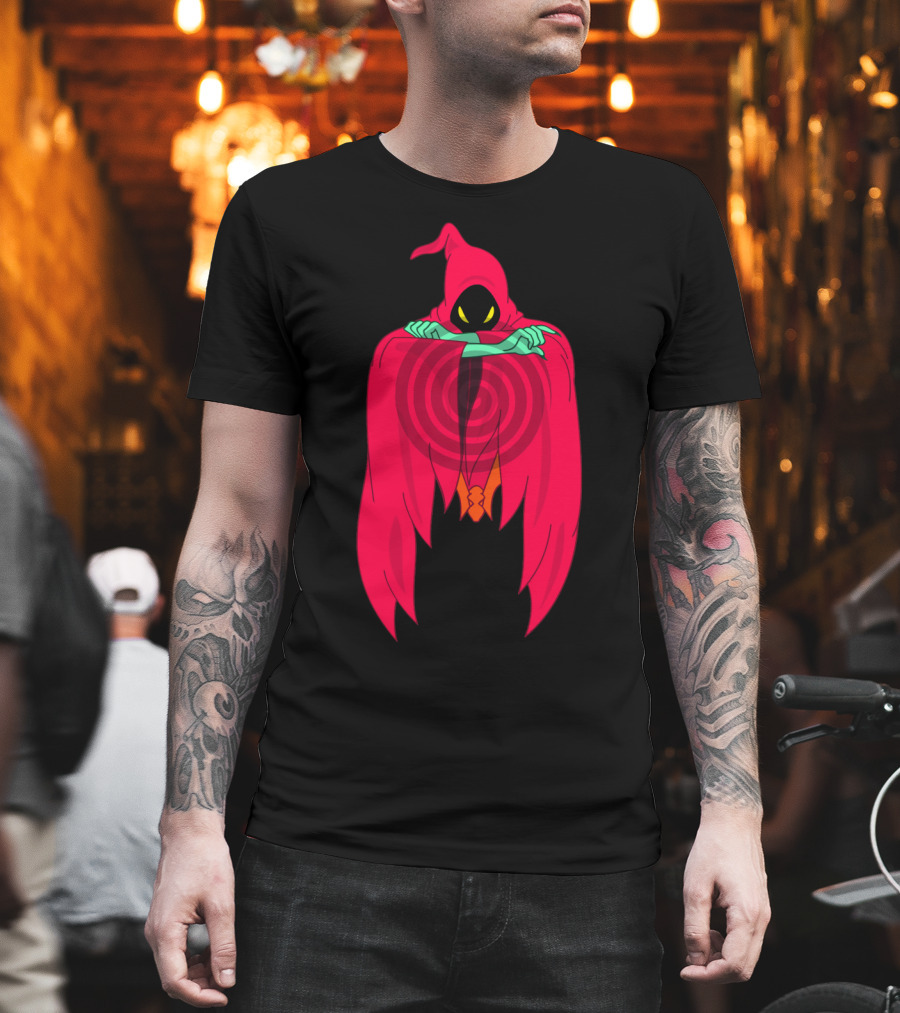 Shadow Weaver Enigmatic Hooded Phantom With Red Cape And Yellow Eyes T-Shirt