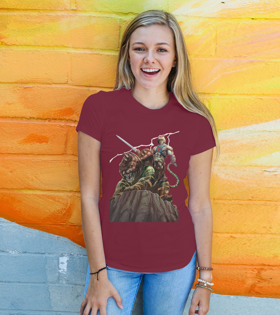 He Man Masters Of The Universe Sword And Battle Cat On Cliff With Lightning T-Shirt