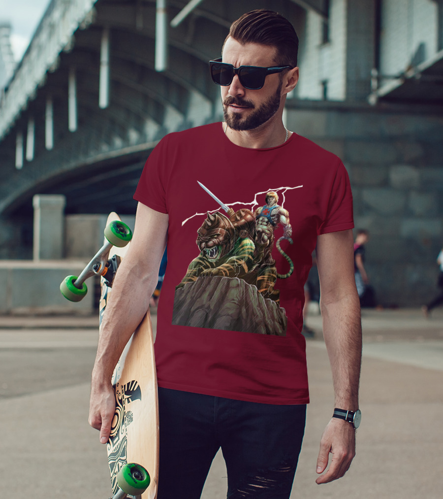He Man Masters Of The Universe Sword And Battle Cat On Cliff With Lightning T-Shirt