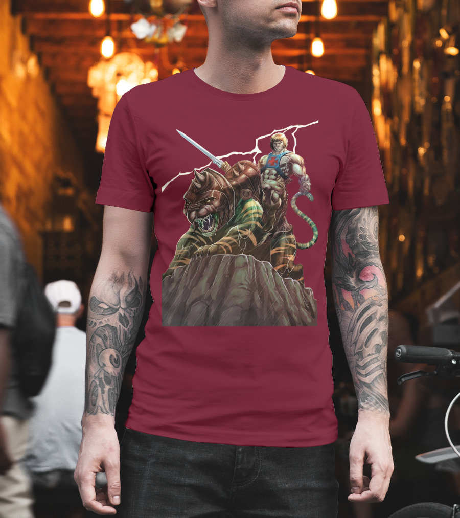 He Man Masters Of The Universe Sword And Battle Cat On Cliff With Lightning T-Shirt