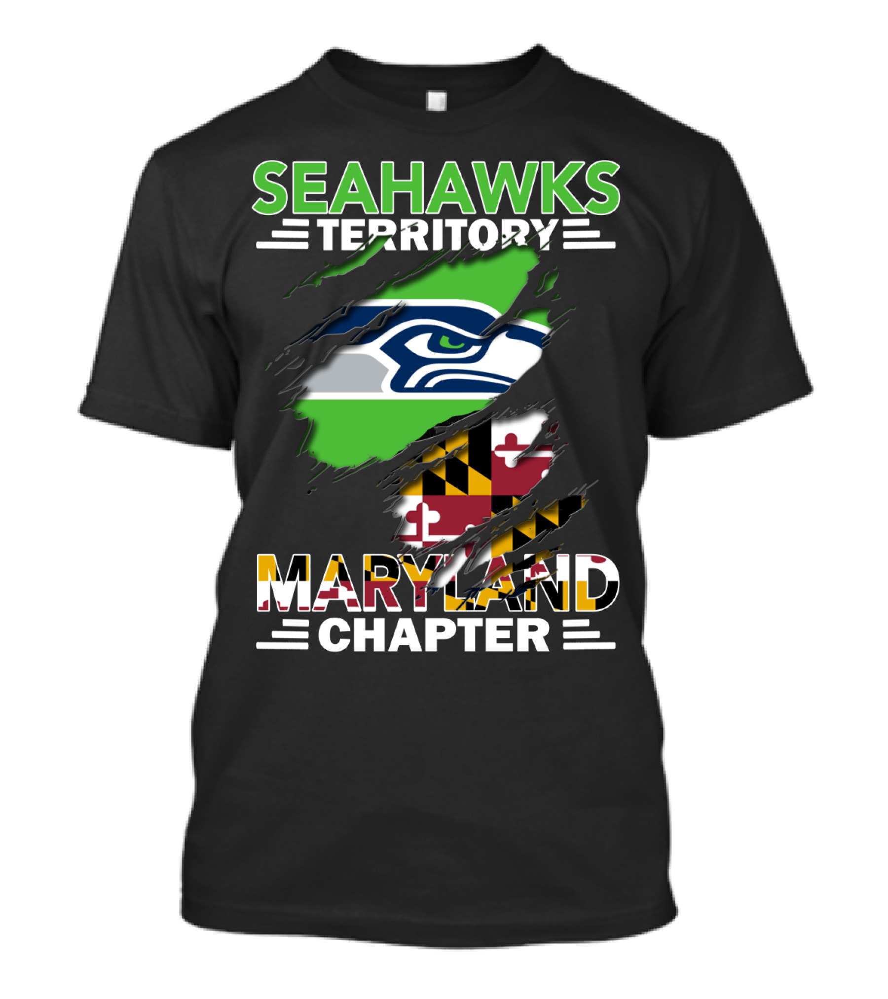 Seahawks Territory Maryland Chapter Flag And Logo Ripped T-Shirt