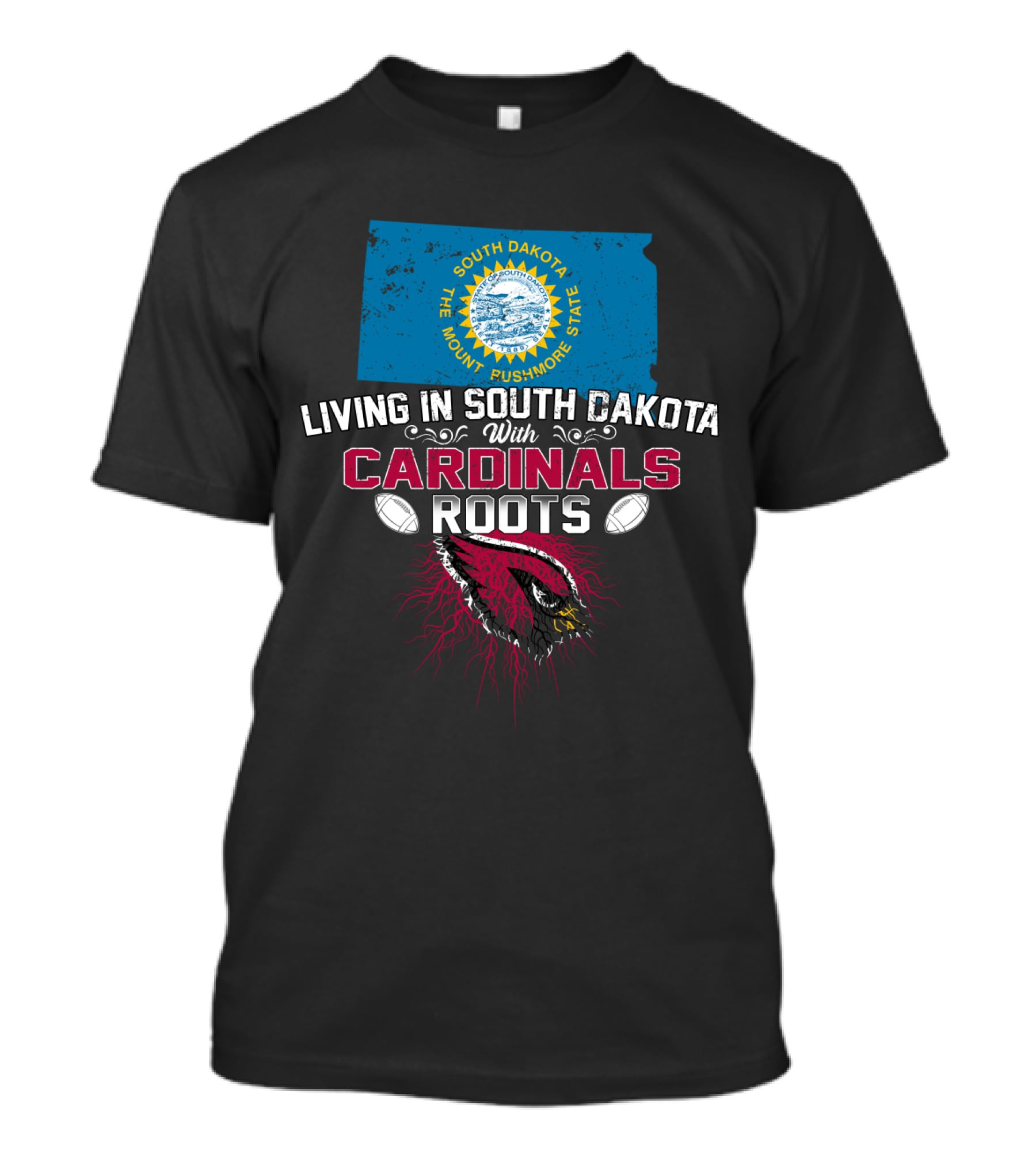Living In South Dakota With Cardinals Roots South Dakota State Map Flag Football Helmet T-Shirt
