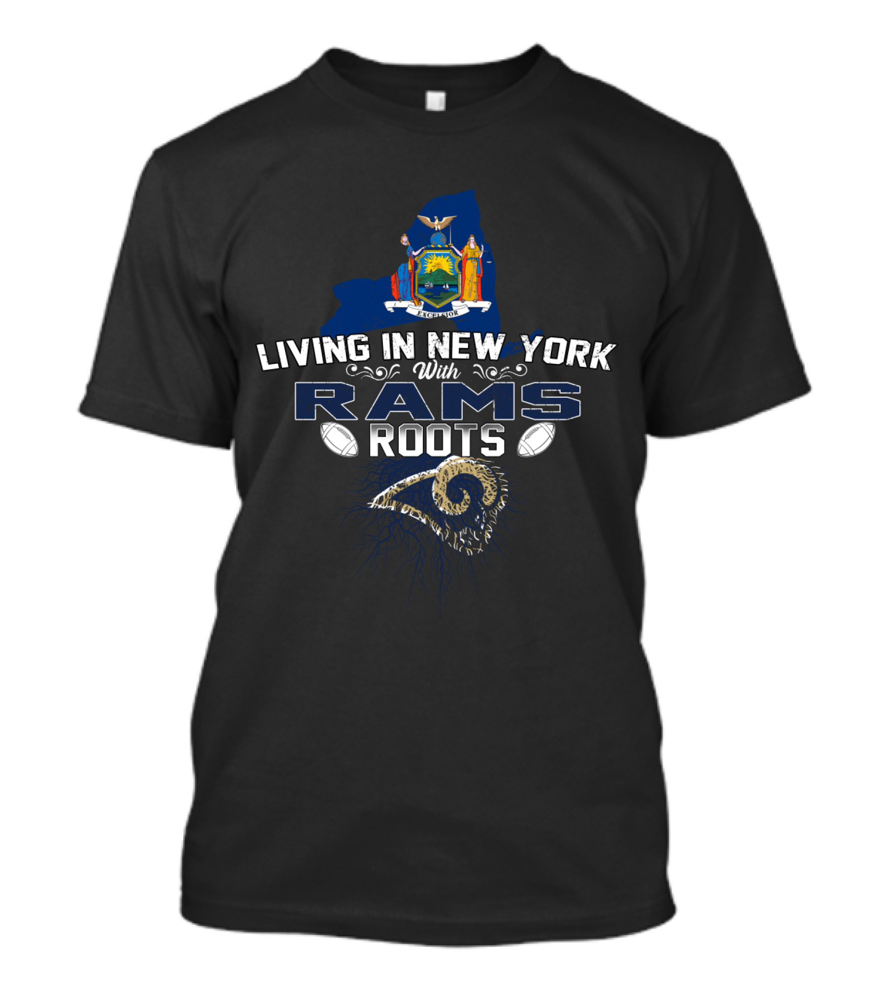 Living In New York With Rams Roots Empire State Map Football Emblem T-Shirt