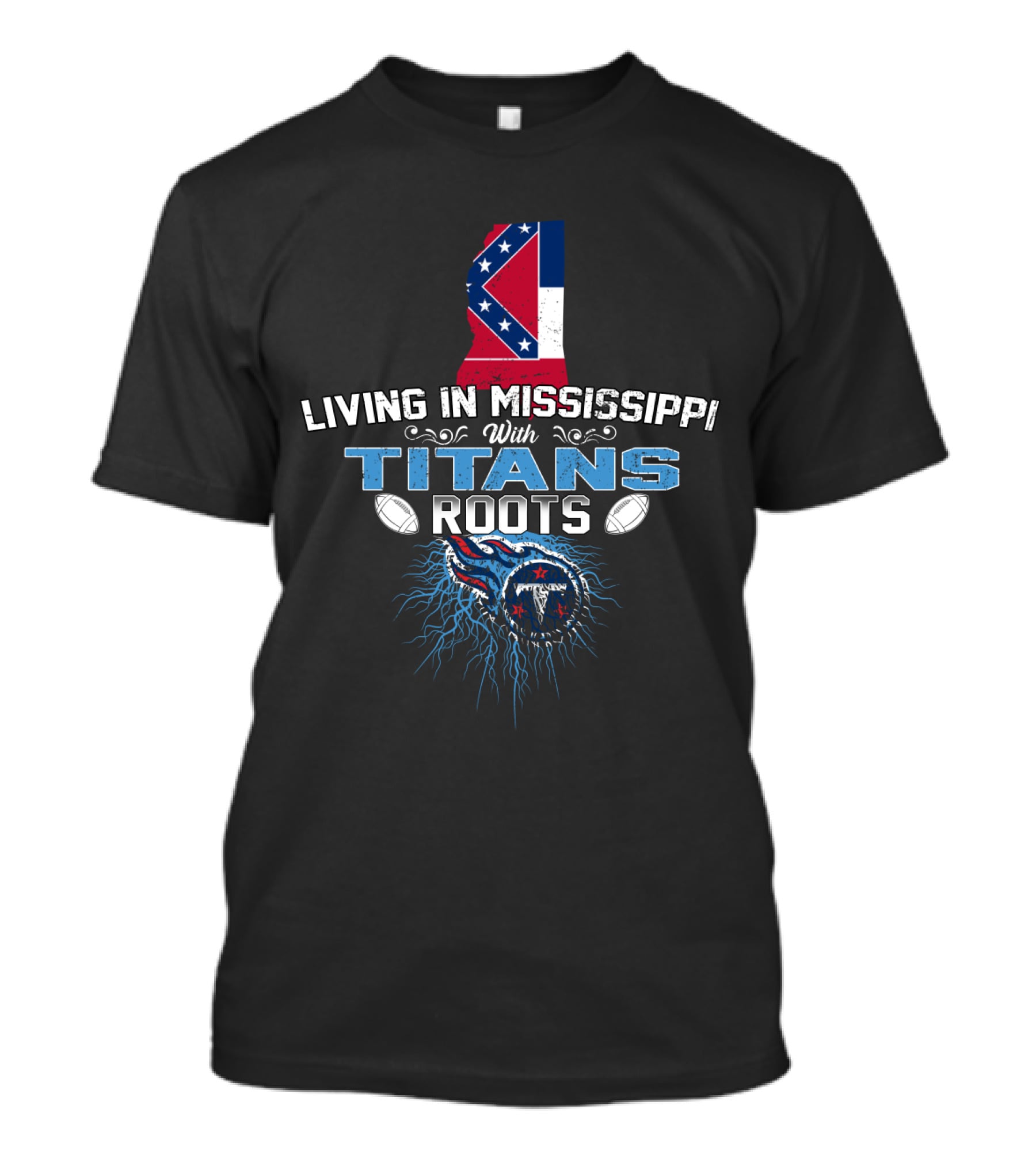 Living In Mississippi With Titans Roots Symbolic Map And Football Iconography T-Shirt