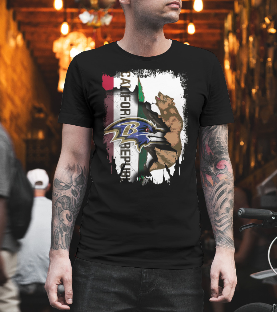 California Republic Bear and Baltimore Ravens Logo Fusion T-Shirt