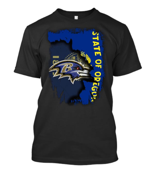 State Of Oregon With Baltimore Ravens Logo Overlay T-Shirt