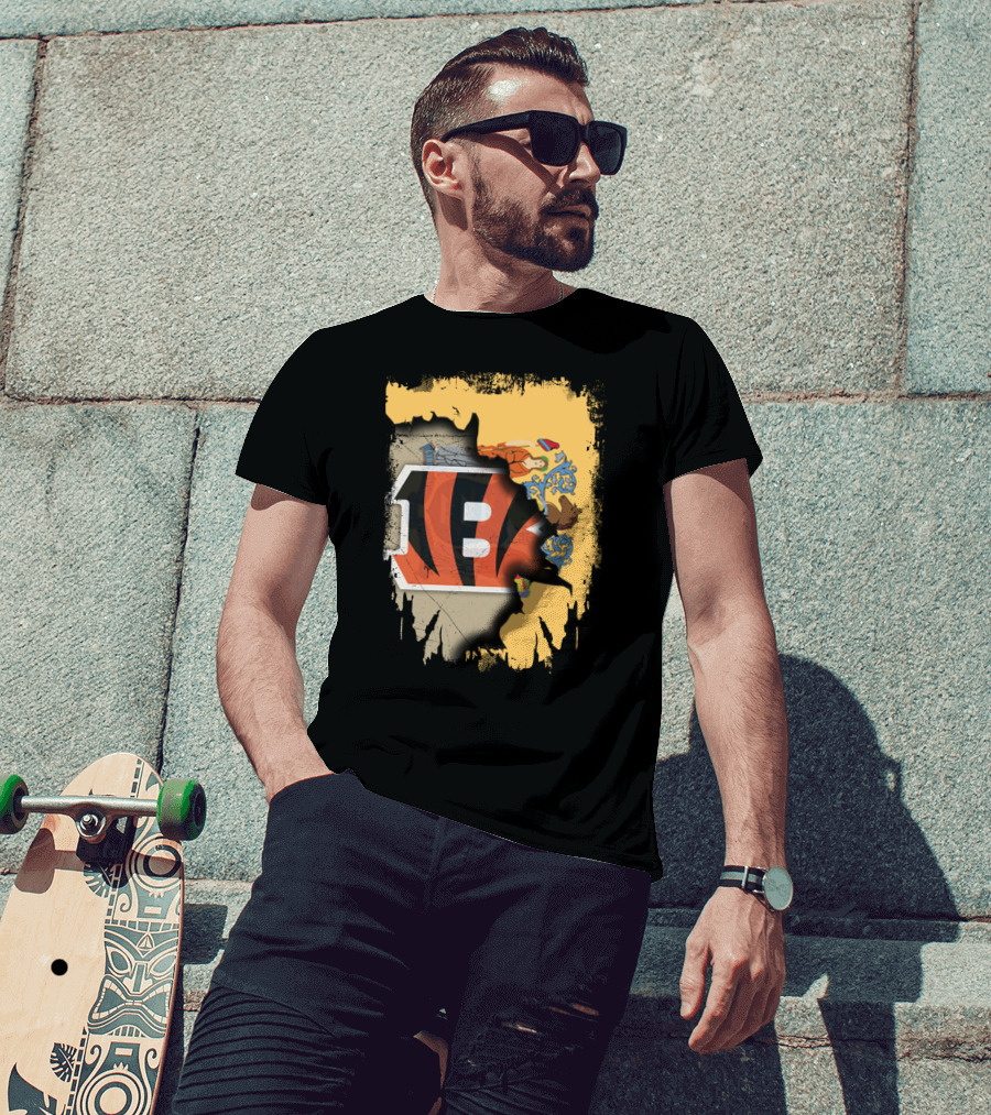New Jersey State Map With Bengals Stripes And Emblem Overlay T-Shirt