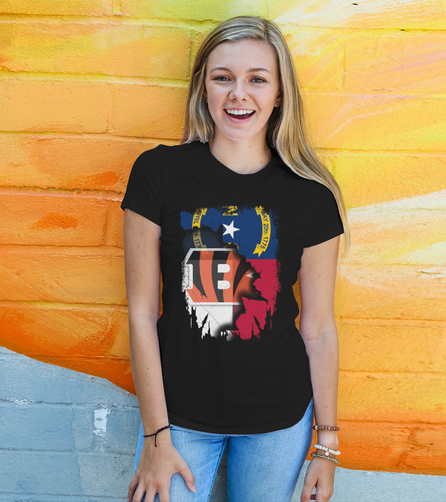 North Carolina State Flag Blended With Bengals Team T-Shirt