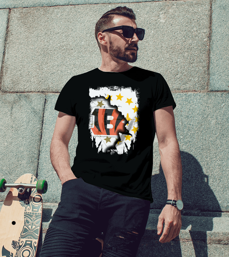 Rhode Island Map With Cincinnati Bengals Logo And Stars T-Shirt