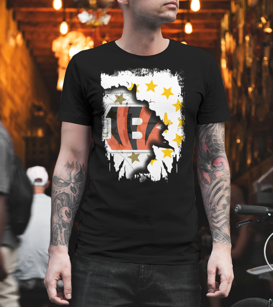 Rhode Island Map With Cincinnati Bengals Logo And Stars T-Shirt