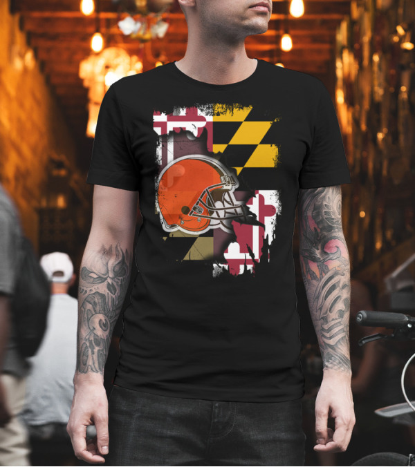Maryland Flag with Cleveland Browns Helmet T-Shirt Maryland Flag with Cleveland Browns Helmet T-Shirt