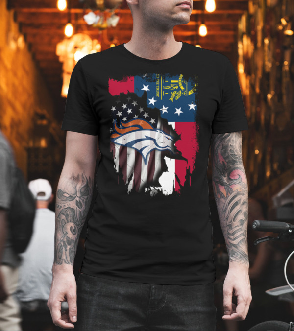 Georgia State with Denver Broncos Flag Fusion T-Shirt Georgia State with Denver Broncos Flag Fusion T-Shirt