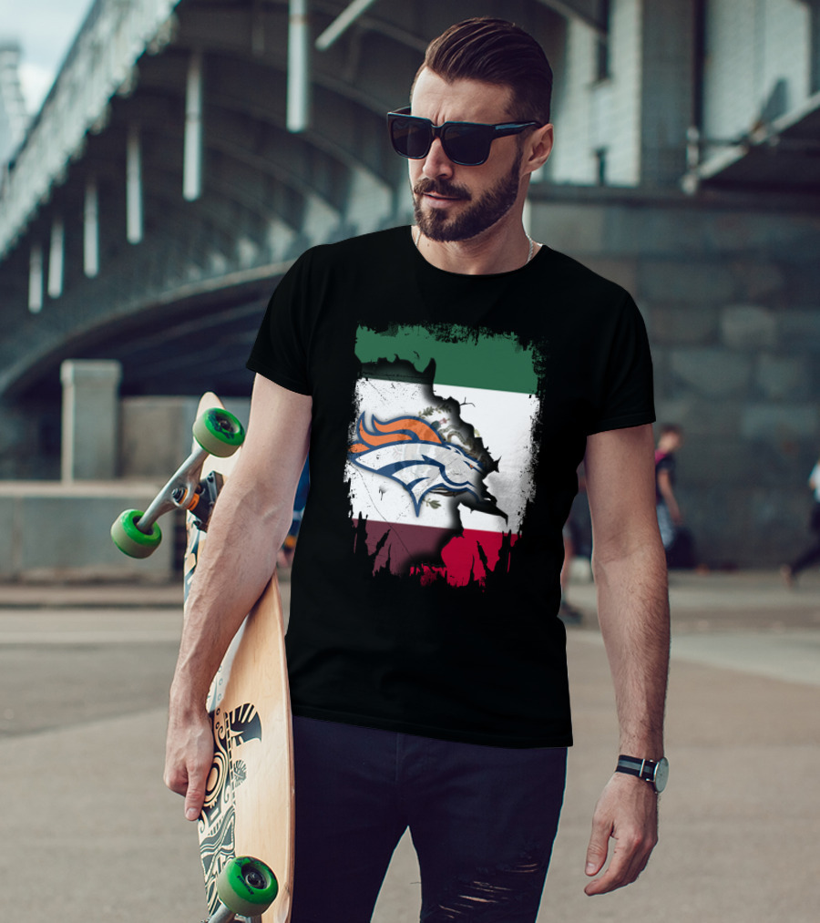 Mexico Flag With Broncos Logo Together T-Shirt
