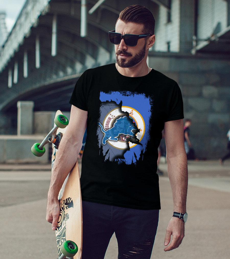 Minnesota State Flag With Detroit Lions Logo Together T-Shirt