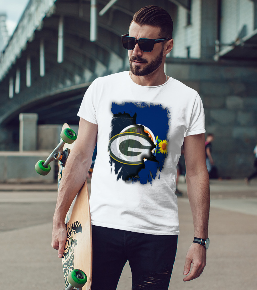 Kansas State Flag With Green Bay Packers Logo And Sunflower T-Shirt