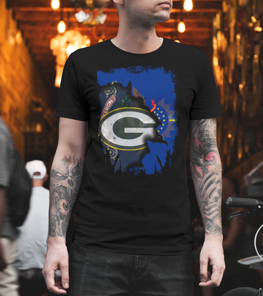 Green Bay Packers Logo Overlaid on North Dakota Flag T-Shirt