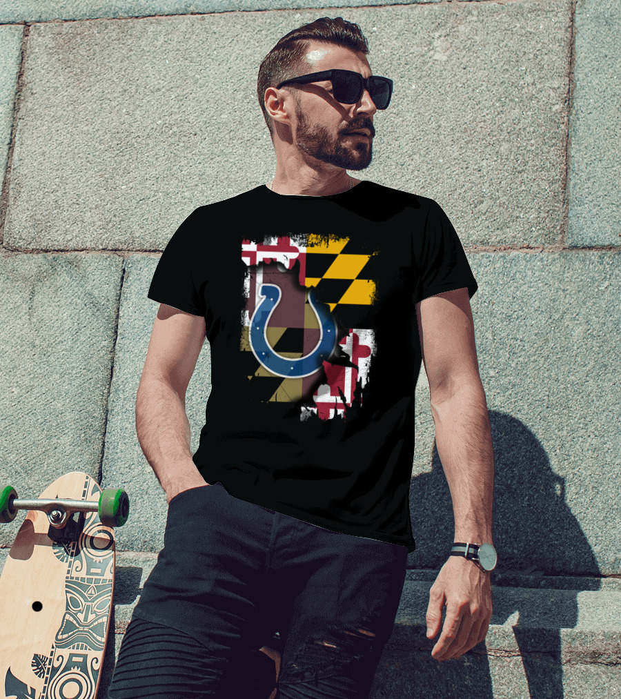 Maryland Flag With Colts Horseshoe NFL T-Shirt