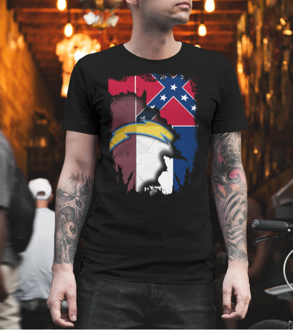 Mississippi Flag with Chargers Lightning Bolt T-Shirt Mississippi Flag with Chargers Lightning Bolt T-Shirt