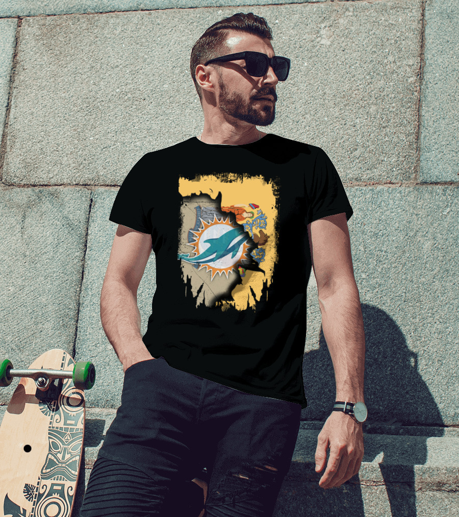 New Jersey Emblem With Miami Dolphins Logo Peeking Through T-Shirt